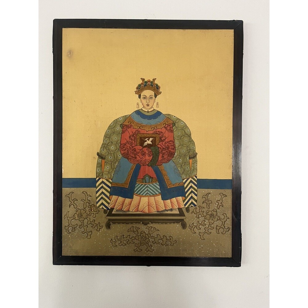 Antique Chinese Qing Imperial Dynasty Ancestor Portrait, Empress Original Frame